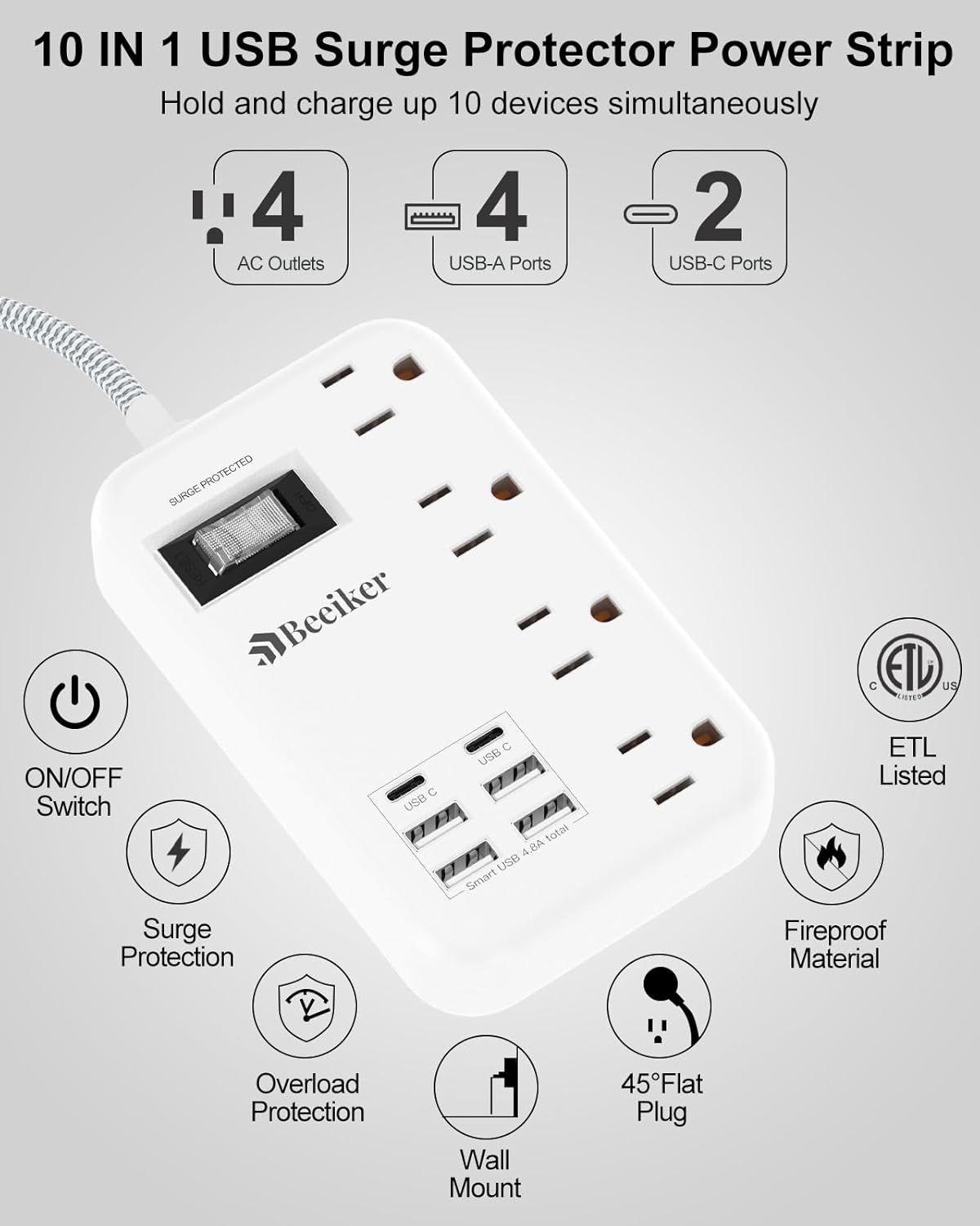 6 USB(2 USB C) Surge Protector Power Strip- 5Ft Travel Power Strip with 4.8A USB Charging Station and 4 Outlets, 13A Ultra Thin Flat Plug Braided Extension Cord with Wall Mount for Travel Office Dorm - Image 3