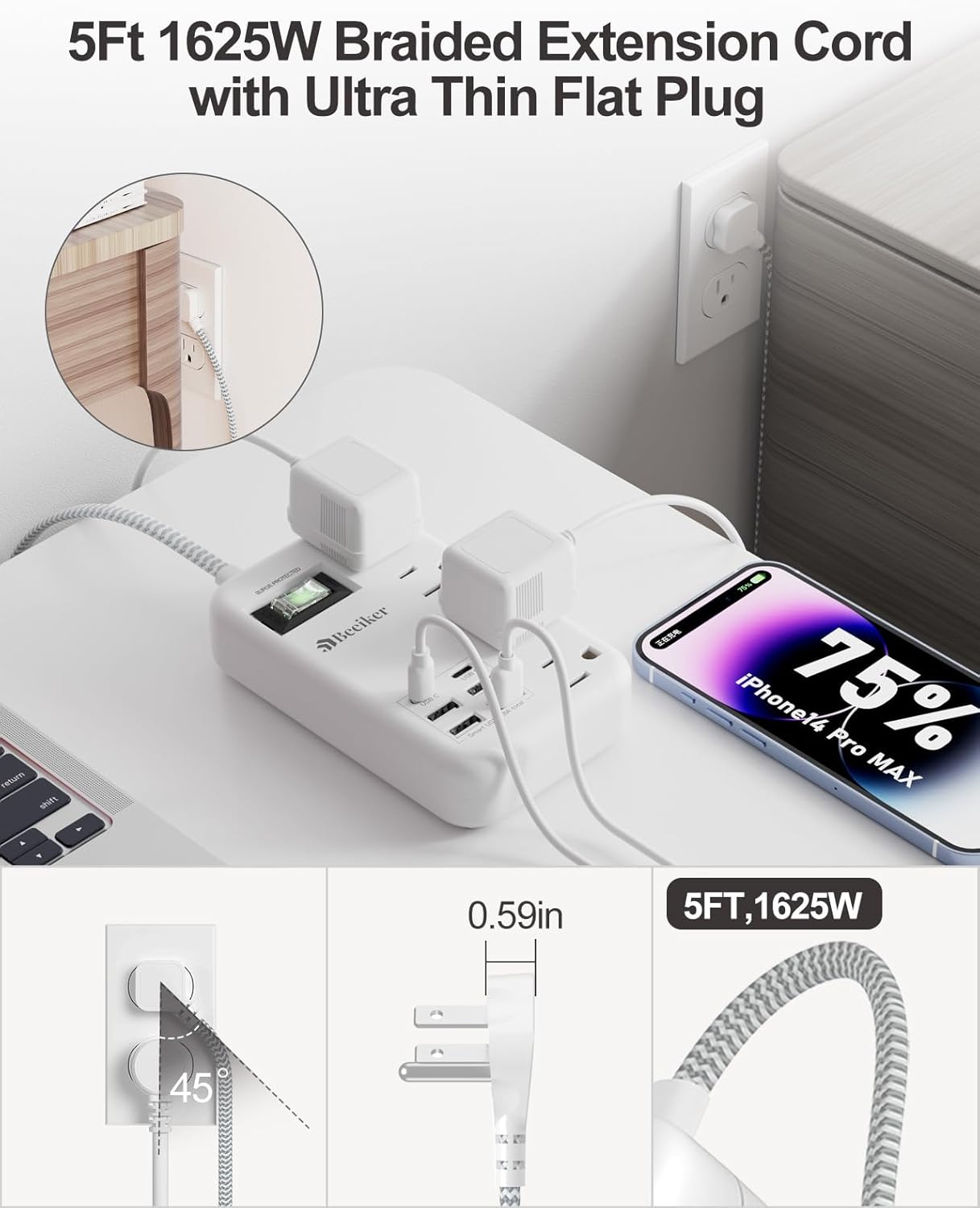 6 USB(2 USB C) Surge Protector Power Strip- 5Ft Travel Power Strip with 4.8A USB Charging Station and 4 Outlets, 13A Ultra Thin Flat Plug Braided Extension Cord with Wall Mount for Travel Office Dorm - Image 4
