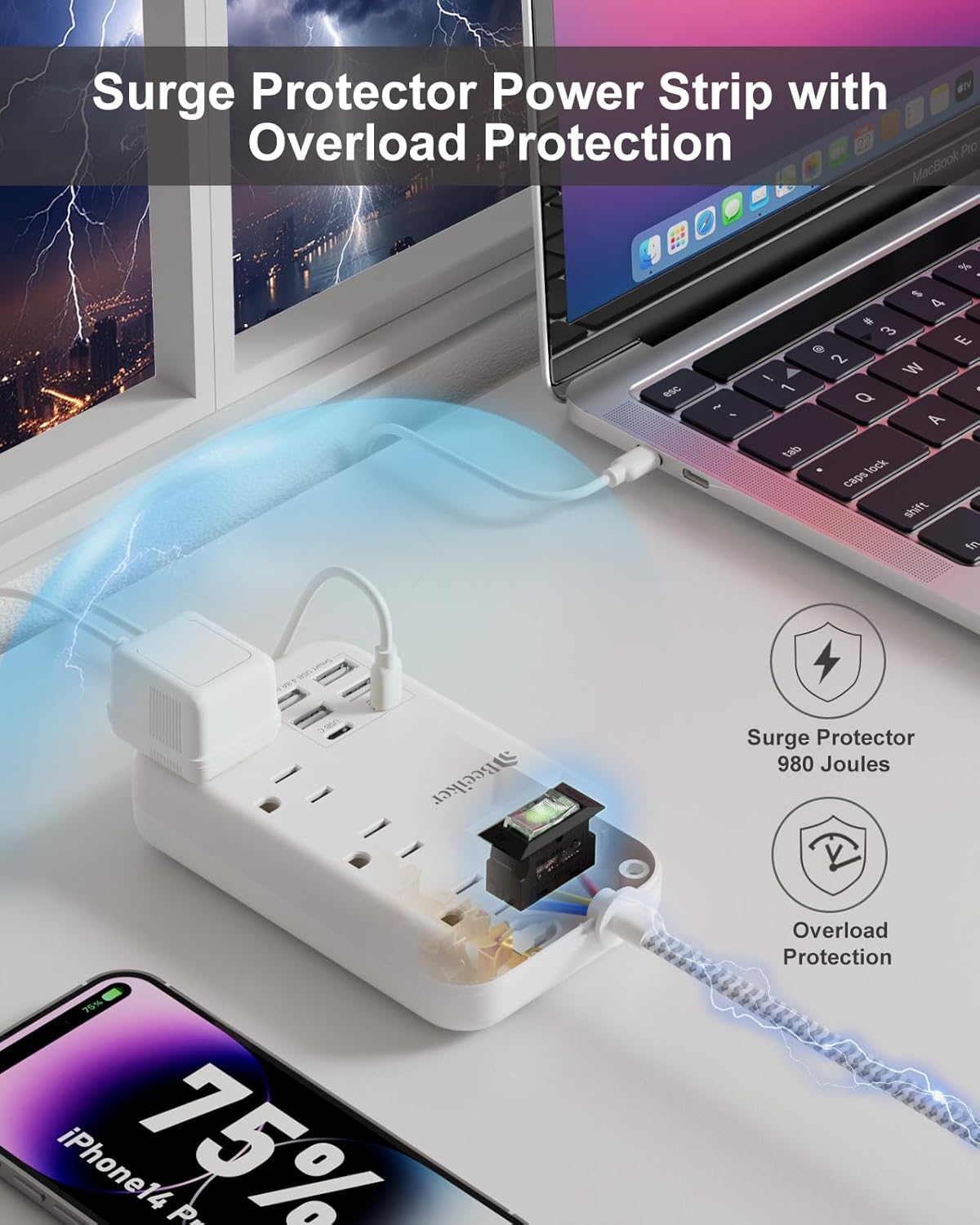 6 USB(2 USB C) Surge Protector Power Strip- 5Ft Travel Power Strip with 4.8A USB Charging Station and 4 Outlets, 13A Ultra Thin Flat Plug Braided Extension Cord with Wall Mount for Travel Office Dorm - Image 5