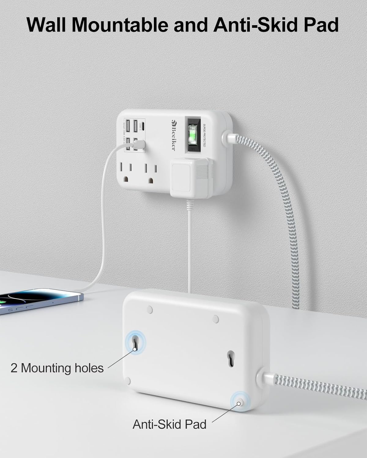 6 USB(2 USB C) Surge Protector Power Strip- 5Ft Travel Power Strip with 4.8A USB Charging Station and 4 Outlets, 13A Ultra Thin Flat Plug Braided Extension Cord with Wall Mount for Travel Office Dorm - Image 6