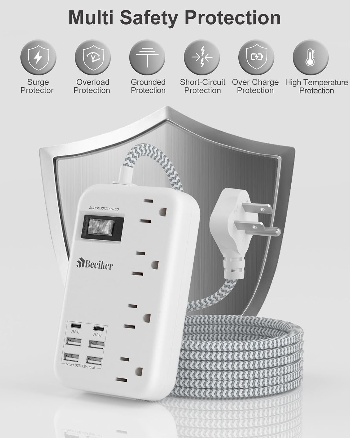 6 USB(2 USB C) Surge Protector Power Strip- 5Ft Travel Power Strip with 4.8A USB Charging Station and 4 Outlets, 13A Ultra Thin Flat Plug Braided Extension Cord with Wall Mount for Travel Office Dorm - Image 7