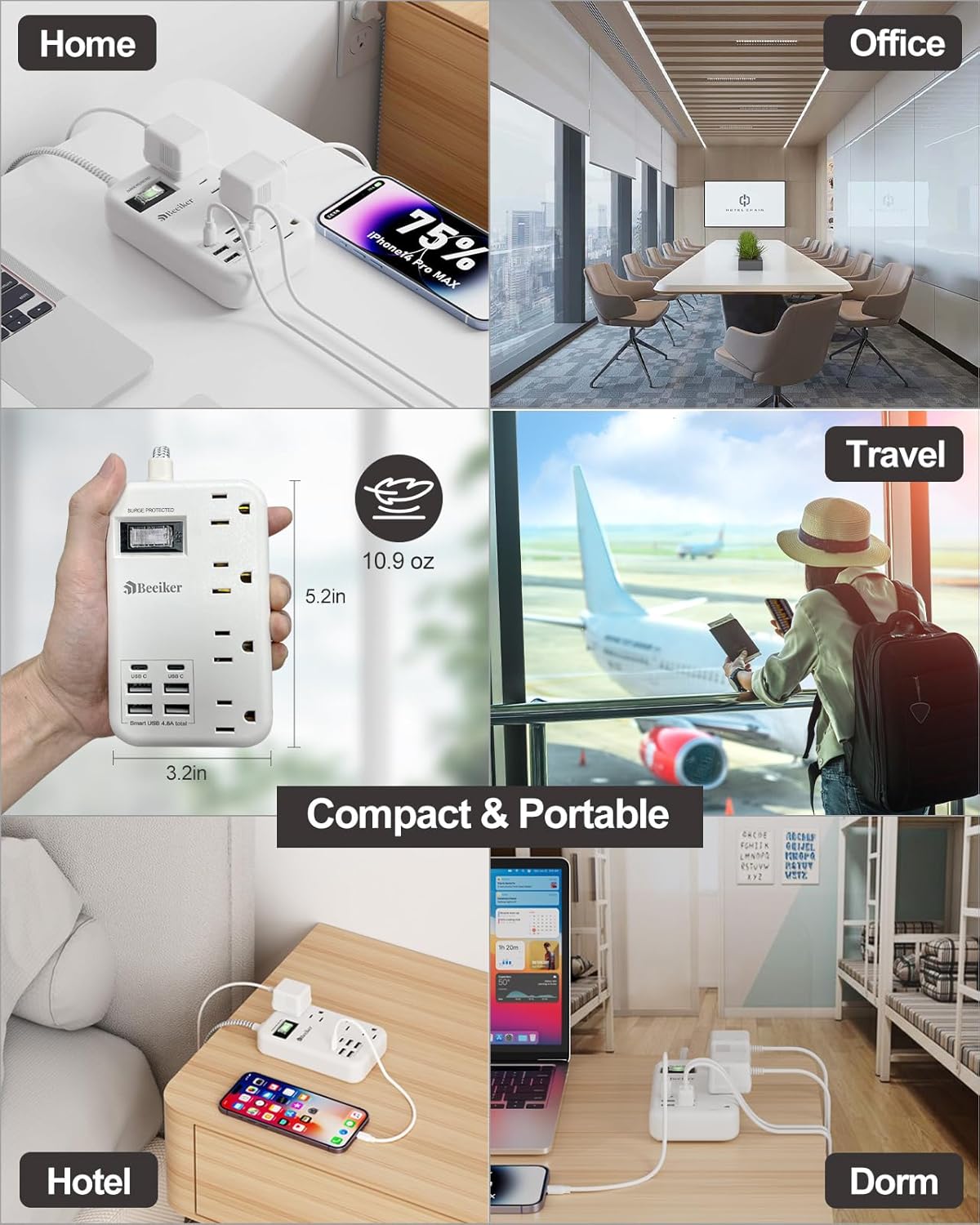 6 USB(2 USB C) Surge Protector Power Strip- 5Ft Travel Power Strip with 4.8A USB Charging Station and 4 Outlets, 13A Ultra Thin Flat Plug Braided Extension Cord with Wall Mount for Travel Office Dorm - Image 8