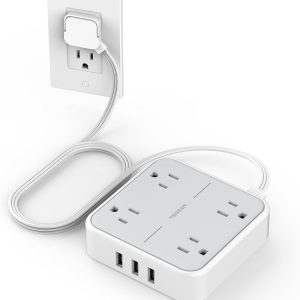 Flat Plug Surge Protector Power Strip, TESSAN 5 ft Extension Cord with 4 Outlets and 3 USB Ports, Indoor Desk Charging Station, Mountable Compact for Travel, Office, School, Dorm Room Essentials