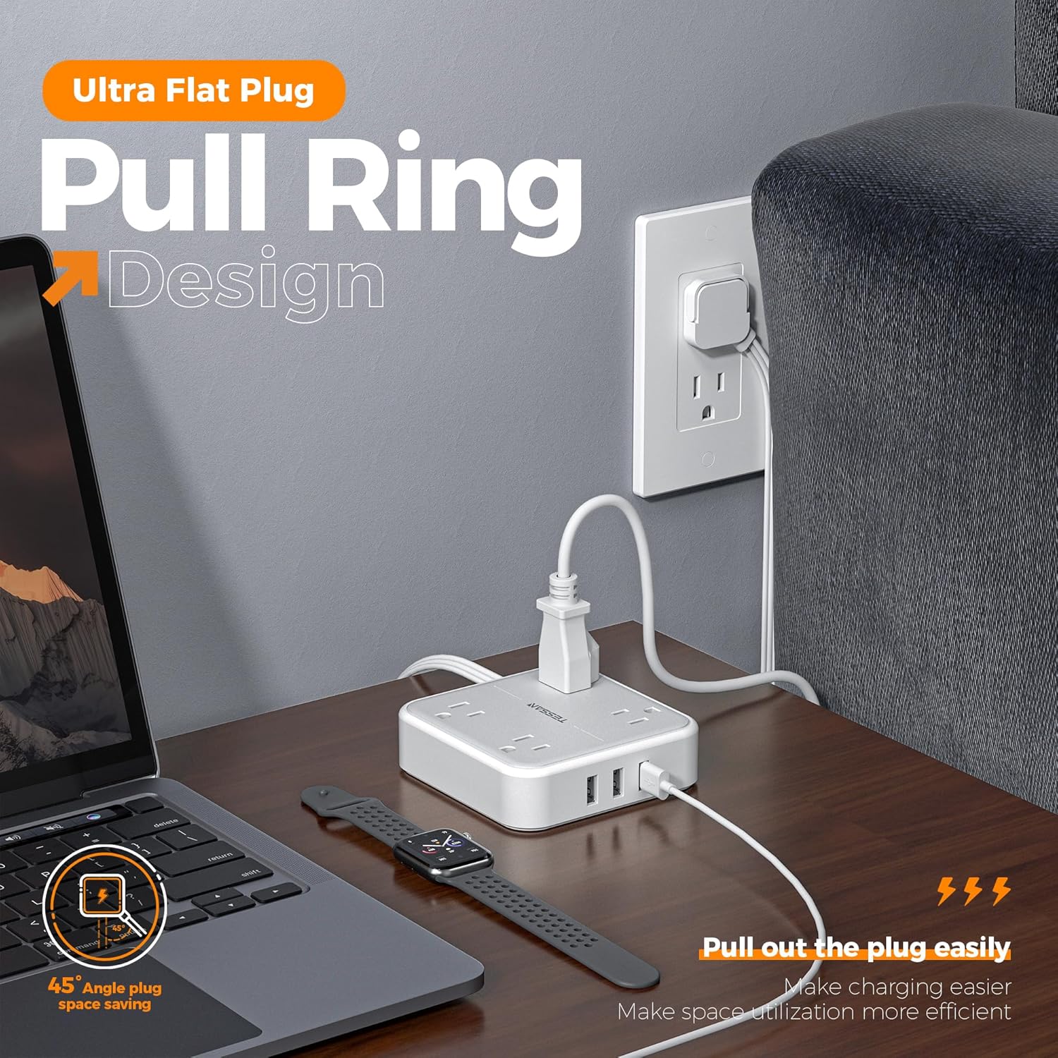 Flat Plug Surge Protector Power Strip, TESSAN 5 ft Extension Cord with 4 Outlets and 3 USB Ports, Indoor Desk Charging Station, Mountable Compact for Travel, Office, School, Dorm Room Essentials - Image 6