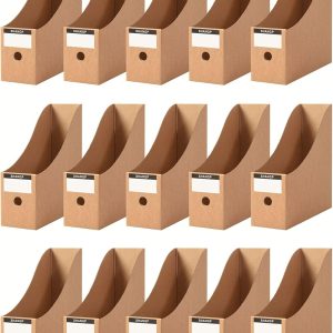 Foldable Desk File Holder Organizer Sturdy Cardboard Magazine Storage Box Document Rack with Blank Label Stickers for Home School Office (15, Brown)