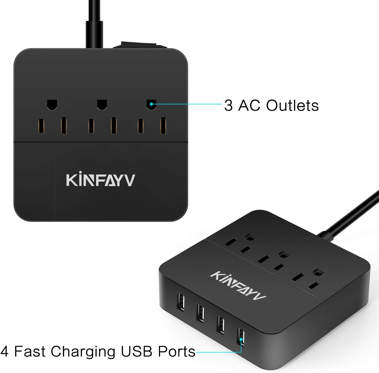 Power Strip with 4 USB Ports & 3 Outlets - Portable USB Strip Surge Protector Desktop Charging Station USB Power Cord with On/Off Switch & 5 Feet Cord for Travel, Hotel, Office - Image 3