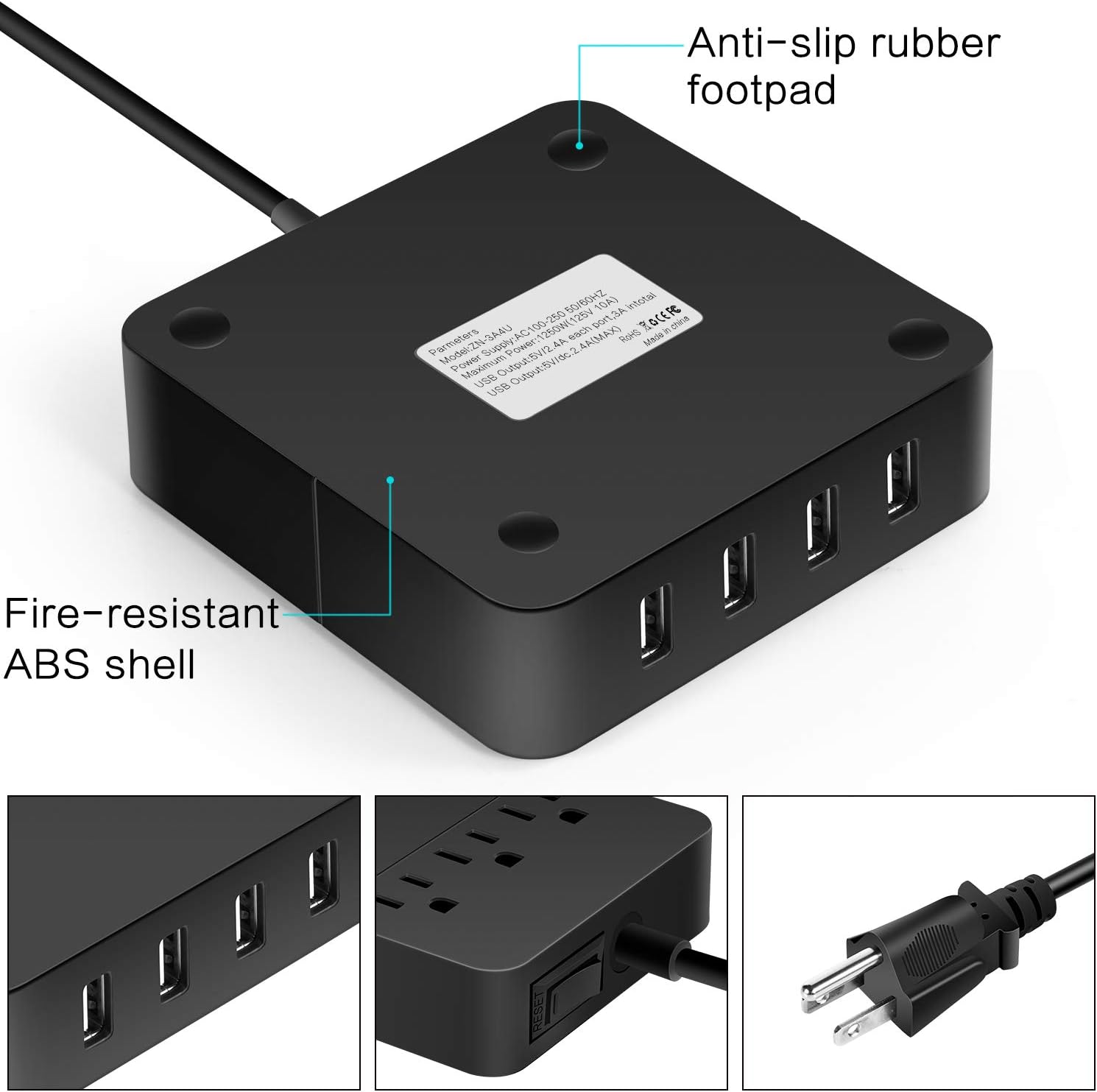 Power Strip with 4 USB Ports & 3 Outlets - Portable USB Strip Surge Protector Desktop Charging Station USB Power Cord with On/Off Switch & 5 Feet Cord for Travel, Hotel, Office - Image 5