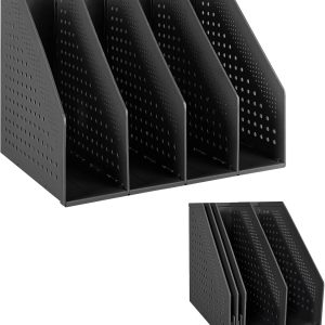 SAYEEC Collapsible Magazine Holder Plastic Desktop 4 Compartment File Rack Magazine Organizer Vertical File Divider Sorter Storage Document Organizer for Office Home School Black