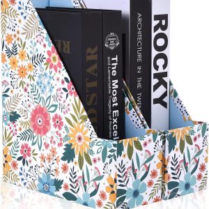 SUIN 2 Packs Foldable Magazine-File Holder, Seamless Floral Designered File-Boxes Desk File Organizer for Office/Home/School, Cardboard