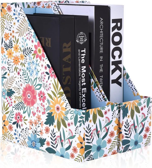 SUIN 2 Packs Foldable Magazine-File Holder, Seamless Floral Designered File-Boxes Desk File Organizer for Office/Home/School, Cardboard
