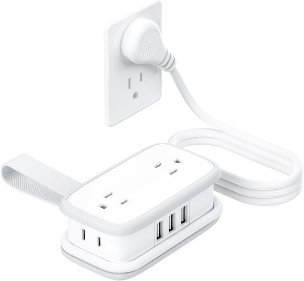 Travel Power Strip with USB Ports, NTONPOWER 4 Outlets 3 USB with 4FT Wrapped Short Extension Cord Flat Plug, USB Portable Desktop Charging Station, Compact for Hotel Travel Cruise Essentials, White
