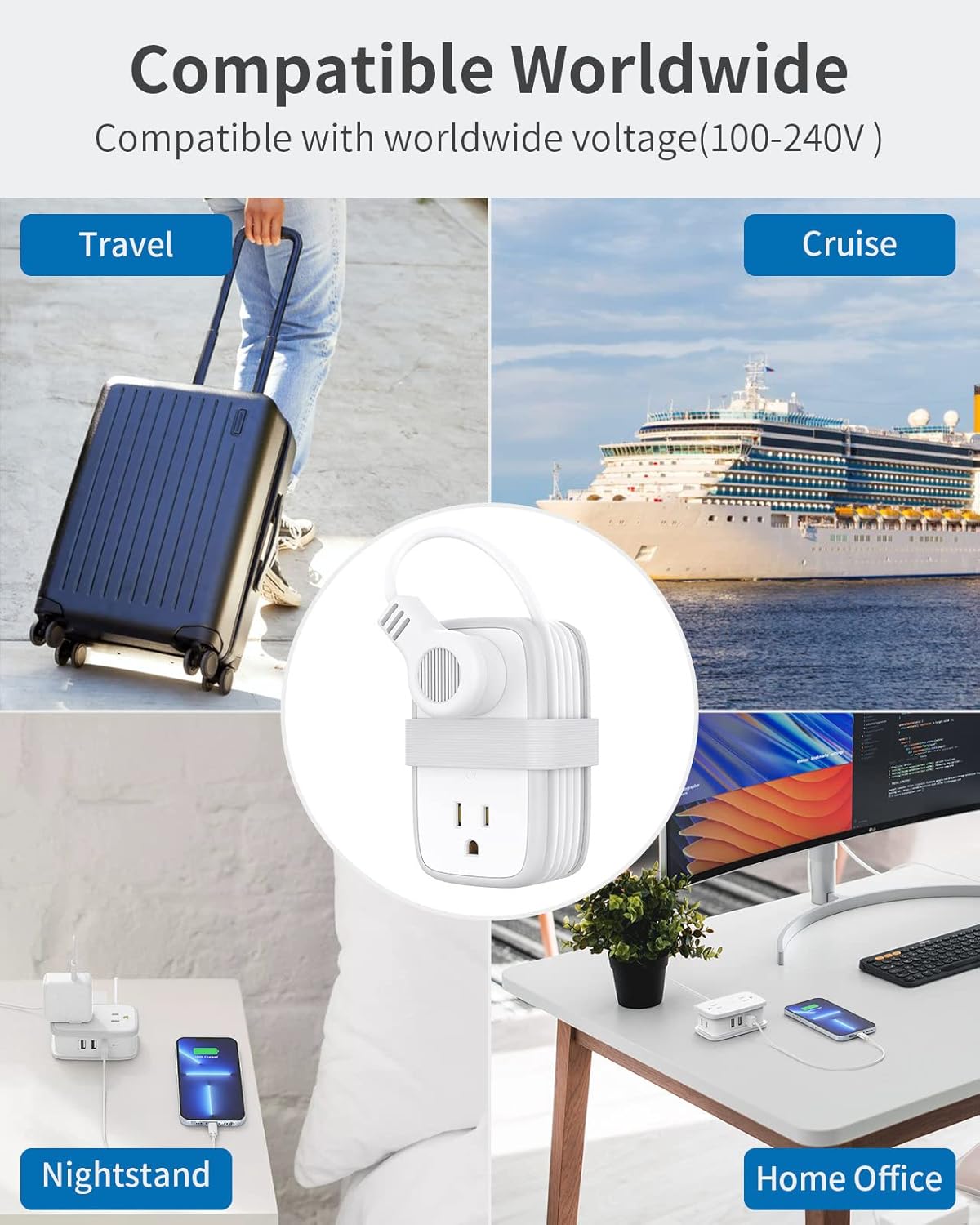 Travel Power Strip with USB Ports, NTONPOWER 4 Outlets 3 USB with 4FT Wrapped Short Extension Cord Flat Plug, USB Portable Desktop Charging Station, Compact for Hotel Travel Cruise Essentials, White - Image 9